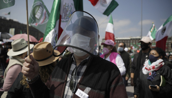 A masked demonstrator takes part in protests against the government in Mexico City, October 3 (Mariana Bae/Eyepix Group/Pacific Press/Shutterstock)
