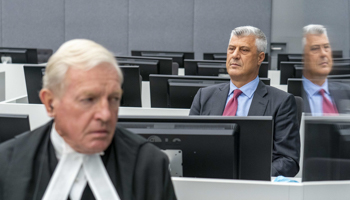 Former Kosovo President Hashim Thaci (R) and his lawyer David Hooper (L) in court in The Hague, November 9 (Jerry Lampen/EPA-EFE/Shutterstock))
