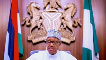 Nigeria's President Muhammadu Buhari addresses the nation in a live television broadcast on recent nationwide unrest, October 22 (Bayo Omoboriowo/AP/Shutterstock)