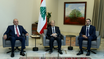 The old line-up of Lebanese President Michel Aoun, Prime Minister Saad Hariri and Speaker Nabih Berri, October 22 (Xinhua/Shutterstock)