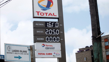 Fuel prices displayed at a fuel station following the recent end of petrol and gasoline subsidies, Lagos, September 10 (AKINTUNDE AKINLEYE/EPA-EFE/Shutterstock)