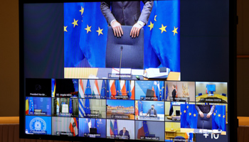 European Council President Charles Michel (top) arrives for video conference of EU leaders seeking solutions to Polish-Hungarian veto on budget and pandemic recovery package, Brussels, November 19 (Olivier Matthys/AP/Shutterstock)