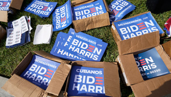 Signs representing various Latin American groups supporting the Biden-Harris ticket (Wilfredo Lee/AP/Shutterstock)