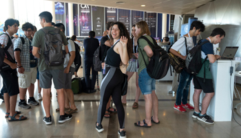 Young Israelis signing up with a high-tech cyber company, June 2019 (JIM HOLLANDER/EPA-EFE/Shutterstock)