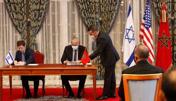 Morocco and Israel sign agreements on direct flights, financial cooperation, visa waivers for diplomats and water technology cooperation at the guest house next to the royal palace in Rabat, Morocco - 22 December (Abdeljalil Bounhar/AP/Shutterstock)
