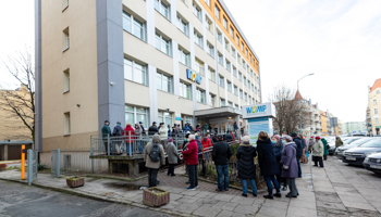 Elderly people queueing to register for Covid-19 vaccinations under a programme to prioritise the over-70s, despite no dates being set for vaccination sessions in most localities, Szczecin, January 22 (Robert Stachnik/Reporter/Shutterstock)