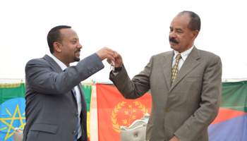 Prime Minister Abiy Ahmed and President Isaias Afewerki re-open the Eritrean Embassy in Ethiopia, July 2018 (Stringer/EPA-EFE/Shutterstock)