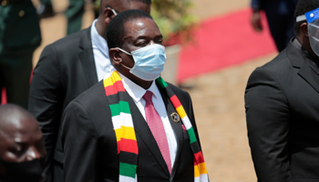 Zimbabwe’s President Emmerson Mnangagwa (C) arrives for the burial of former Minister of State for Manicaland Provincial Affairs Ellen Gwaradzimba at the National Heroes Acre in Harare, January 21 (Aaron Ufumeli/EPA-EFE/Shutterstock)