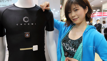A model wears an electromyogram (EMG) sensor with stretchable conductive film Cocomi, produced by Japanese textile company Toyobo (Aflo/Shutterstock)