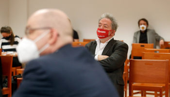 Andras Arato (centre), Klubradio's director and CEO, at the court hearing that took off air one of Hungary’s last remaining independent radio stations, formerly broadcasting mainly to the capital and now online only, Budapest, February 9 (Laszlo Balogh/AP/Shutterstock)