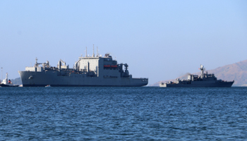 A Philippine Navy vessel (right) sailing next to a US Navy supply ship (left) in February 2020 (Jun Dumaguing/EPA-EFE/Shutterstock)