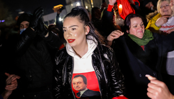 Vetevendosje party supporters anticipate victory in the elections, Prishtina, February 14 (Valdrin Xhema/JEPA-EFE/Shutterstock)
