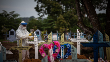A worker placing crosses on the tombs of COVID victims in Manaus (Raphael Alves/EPA-EFE/Shutterstock)