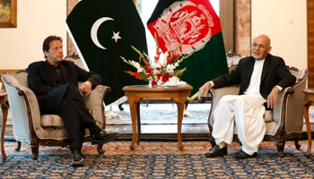 Pakistan’s Prime Minister Imran Khan (left) meeting Afghan President Mohammad Ashraf Ghani (right) in Kabul in November 2020 (Mohammad Ismail/EPA-EFE/Shutterstock)