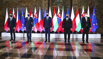 Premiers Igor Matovic (Slovakia, 1st left), Mateusz Morawiecki (Poland, centre), Viktor Orban (Hungary, 2nd from right) and Andrej Babis (Czech Republic, 1st right) meet European Council President Charles Michel (2nd from left) to urge that the EU source anti-coronavirus vaccines from wherever it can, Krakow, Poland, February 17 (Beata Zawrzel/NurPhoto/Shutterstock).