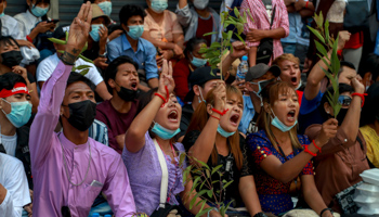 Anti-coup protesters in Yangon (STR/AP/Shutterstock)