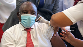 South African President Cyril Ramaphosa receives a Johnson & Johnson COVID-19 vaccine in Khayelitsha, Cape Town, February 17 (Gianluigi Guercia/AP/Shutterstock)