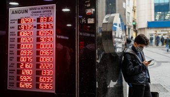 Rates at currency exchange shop in Istiklal street, showing lira firming against the dollar after Berat Albayrak steps down as finance minister, Istanbul, November 10 (Emrah Gurel/AP/Shutterstock)