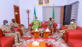 Borno State Governor Babagana Zulum (centre left) with Nigeria’s newly appointed military security chiefs during a visit to the governor in Maiduguri, January 31 (Jossy Ola/AP/Shutterstock)