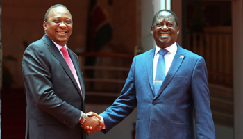 President Uhuru Kenyatta and opposition leader Raila Odinga reconcile after the 2017 election crisis and launch the Building Bridges Initiative, March 9, 2018 (Brian Inganga/AP/Shutterstock)