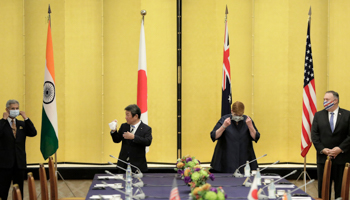 From left; India Foreign Minister Subrahmanyam Jaishankar, Japan Foreign Minister Toshimitsu Motegi, Australia Foreign Minister Marise Payne and U.S. Secretary of State Mike Pompeo at the Quadrilateral Security Dialogue (Quad) ministerial meeting in Tokyo 06 Oct 2020 (Kiyoshi Ota/AP/Shutterstock)