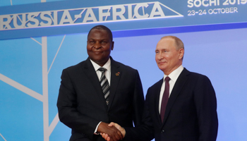 Presidents Faustin-Archange Touadera (L) and Vladimir Putin at the Russia-Africa Summit in Sochi, October 2019 (Sergei Chirikov/Pool/EPA-EFE/Shutterstock