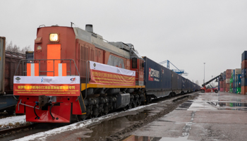 The first China-Europe freight train from Chengdu arrives in St. Petersburg, March 2021 (Xinhua/Shutterstock)