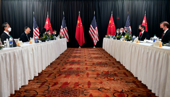 US Secretary of State Antony Blinken (second from right) addresses Chinese Communist Party foreign affairs chief Yang Jiechi (second from left) at US-China talks at the Captain Cook Hotel in Anchorage, Alaska, March (Frederic J Brown/AP/Shutterstock)