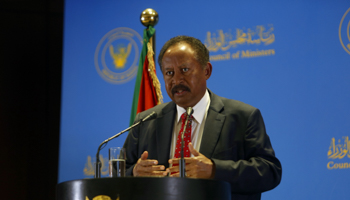 Sudanese Prime Minister Abdullah Hamdok speaks during a press conference at the headquarters of the Council of Ministers in Khartoum, February 8, 2021 (MOHAMMED ABU OBAID/EPA-EFE/Shutterstock)