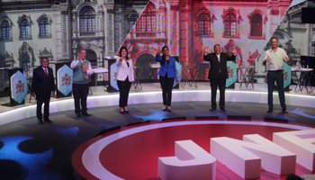 Candidates participating in Peru's first presidential debate, held on March 29 (Sebastian Castaneda/POOL/EPA-EFE/Shutterstock)