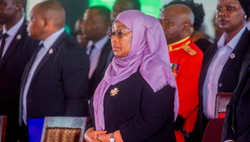 President Samia Suluhu Hassan attends the funeral of her predecessor, President John Magufuli, March 26 (Uncredited/AP/Shutterstock)