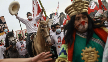 Presidential frontrunner Pedro Castillo (on horseback) at a campaign event in Lima (Aldair Mejia/EPA-EFE/Shutterstock)