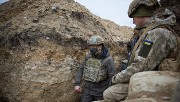 President Volodymyr Zelensky visits the Ukrainian front line, April 8  (Uncredited/AP/Shutterstock)