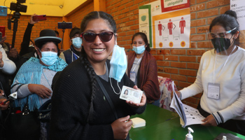 Mayor-elect of El Alto, Eva Copa casts her ballot at a polling station in La Paz, 11 April (Martin Alipaz/EPA-EFE/Shutterstock)