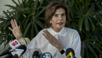 Cristiana Chamorro speaks at a press conference in Managua, 25 March (Jorge Torres/EPA-EFE/Shutterstock)