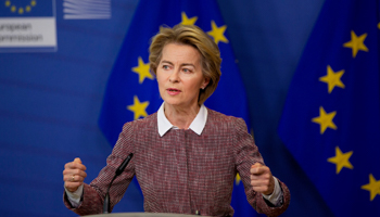 European Commission President Ursula von der Leyen speaks during a presentation on Europe's Digital Future at EU headquarters in Brussels, February 2020 (Virginia Mayo/AP/Shutterstock)