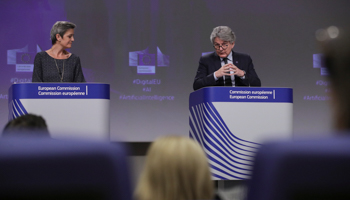 Executive Vice President of the European Commission for A Europe Fit for the Digital Age, Margrethe Vestager (L), and European Commissioner in charge of internal market Thierry Breton (R) (Olivier Hoslet/POOL/EPA-EFE/Shutterstock)