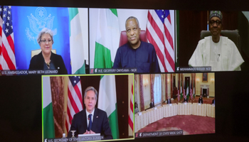 US Secretary of State Antony Blinken and other officials participate in a virtual bilateral meeting with Nigeria's President Muhammadu Buhari at the State Department in Washington, April 27 (Leah Millis/AP/Shutterstock)