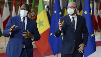 Senegal's President Macky Sall (left) and European Council President Charles Michel (right) prior to a meeting at the European Council building in Brussels, April 12 (Johanna Geron/AP/Shutterstock)