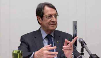 Republic of Cyprus President Nicos Anastasiades at a press conference after the 5+1 meeting  on Cyprus, Geneva, April 29 (Stavros Ioannides/PIO/Handout/EPA-EFE/Shutterstock)