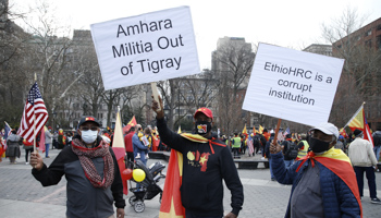 Diaspora Tigrayans protest against Amhara occupation of parts of Tigray, New York, March 26 (John Lamparski/SOPA Images/Shutterstock)