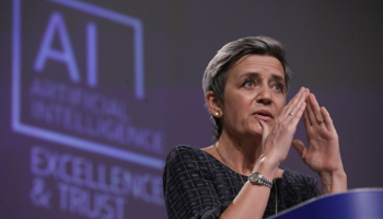 Executive Vice President of the European Commission Margrethe Vestager gives a press conference on the EU approach to Artificial Intelligence in Brussels, Belgium, 21 April (Olivier Hoslet/Pool/EPA-EFE/Shutterstock)