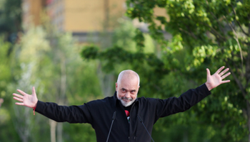 Prime Minister Edi Rama addresses a rally in after winning the April 25 elections, Tirana, April 27 (Chine Nouvelle/SIPA/Shuuterstock).