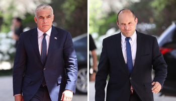 Yair Lapid and Naftali Bennett separately entering the residence of President Reuven Rivlin, May 5 (Abir Sultan/EPA-EFE/Shutterstock)
