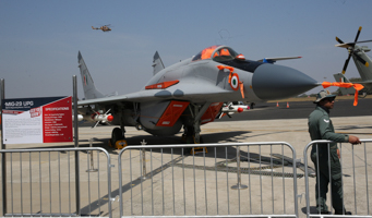 A MiG 29 on display at the Aero India 2021 show in Bangalore. This is a heavily upgraded older model (Jagadeesh NV/EPA-EFE/Shutterstock)