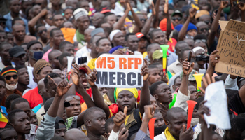 Supporters of the M5-RFP celebrate after the ouster of former President Ibrahim Boubakar Keita, August 21, 2020 (H DIAKITE/EPA-EFE/Shutterstock)