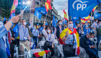 Supporters celebrating the centre-right People's Party victory in the Madrid regional election on May (Alberto Sibaja/Pacific Press/Shutterstock)