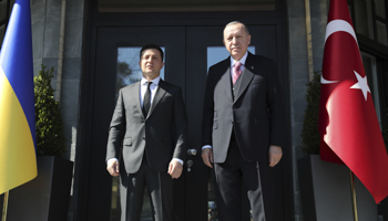 Turkish President Recep Tayyip Erdogan (R)and Ukrainian President Volodymyr Zelensky meet in Istanbul as tensions rise in rebel eastern Ukraine, April 10 (Uncredited/AP/Shutterstock)