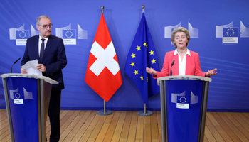 European Commission President Ursula Von der Leyen and Swiss President Guy Parmelin (Francois Walschaerts/AP/Shutterstock)