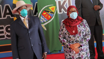 Ugandan President Yoweri Museveni and Tanzanian President Samia Suluhu Hassan attend a signing ceremony for construction of the East African Crude Oil Pipeline, May 20 (ANTHONY SIAME/EPA-EFE/Shutterstock)